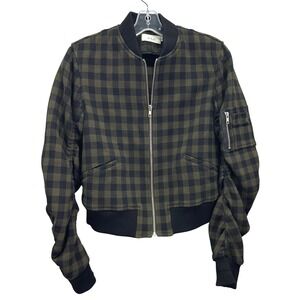 ALC Andrew Buffalo Check Virgin Wool Bomber Jacket Size 6 Olive Green Black